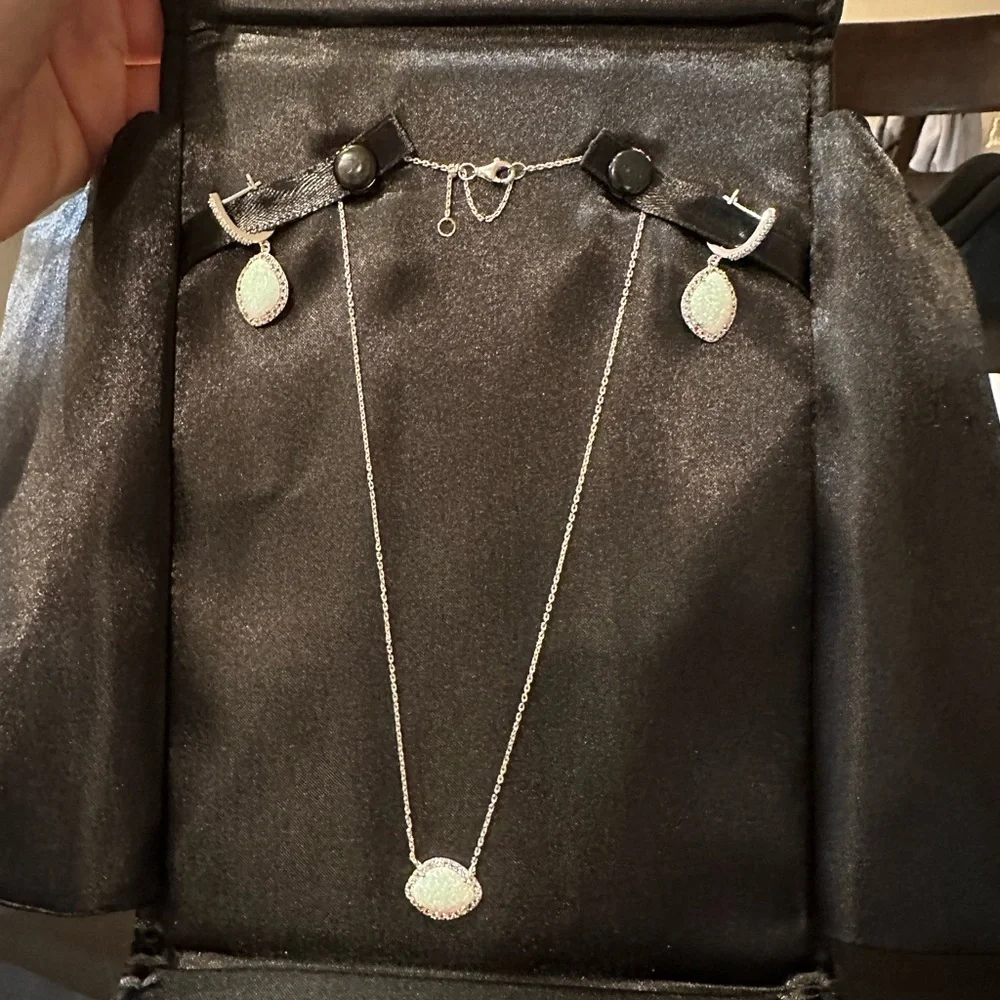 Silver Opal and white Necklace and Earrings Set - Picture 1 of 5